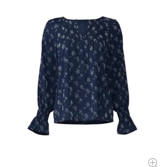 Michael Stars Pleated Front Flocking Print Navy Blue Peasant Blouse - Picture 4 of 13